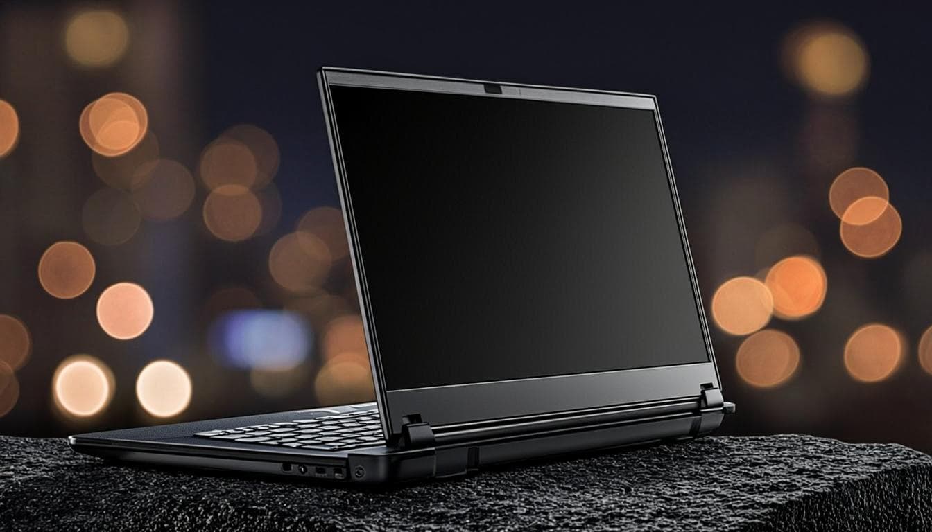 OPZeroTrace Laptop on a stone block against colorful city night lights
