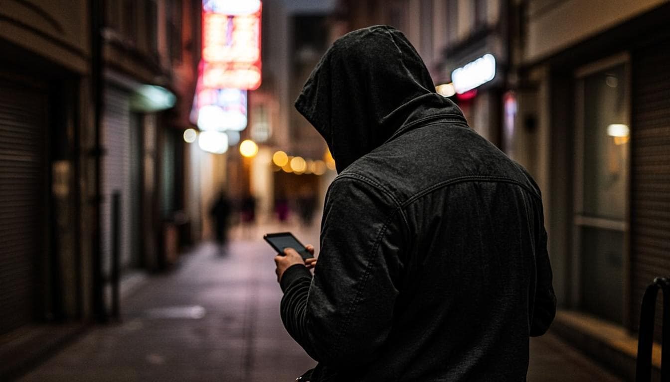 Mysterious figure in a neon-lit night alley using an OPZeroTrace device