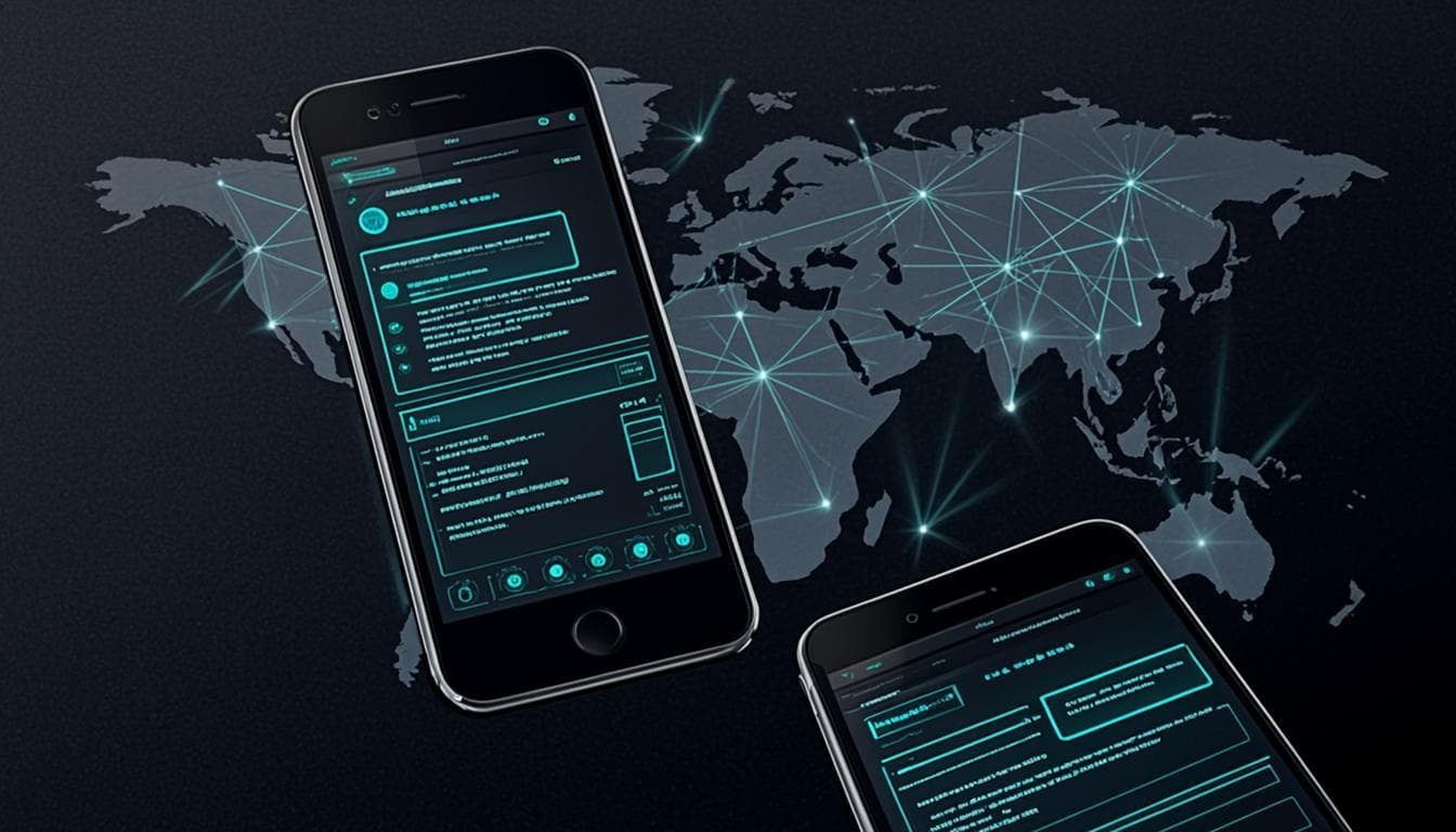 Smartphones showing encrypted messaging apps and a world map
